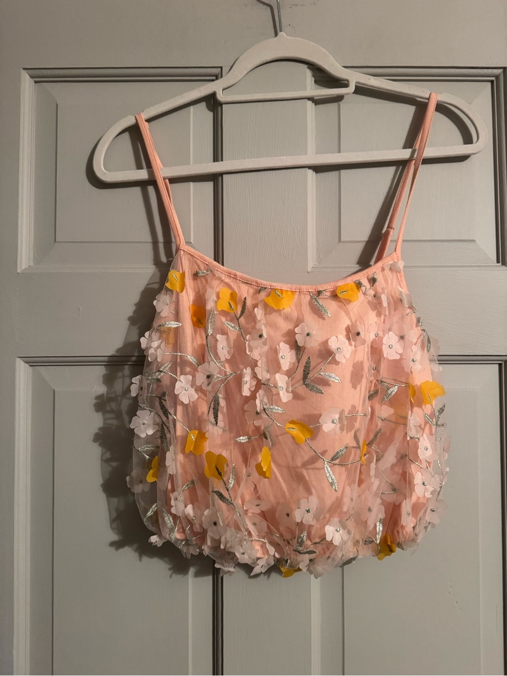 Anthropologie Peach-Pink Floral Appliqué Spaghetti-Strap Tank